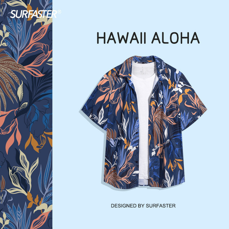 Men's Vice City Inspired Hawaiian Shirt – Tropical Palm Leaf Short Sleeve Button-Up Beach Vacation Shirt