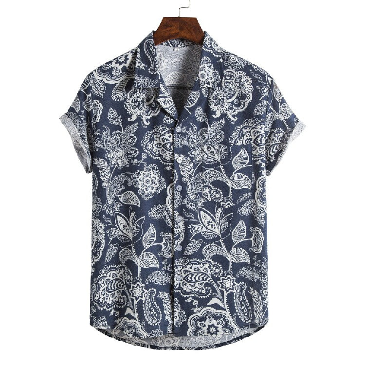 Men's Vintage Botanical Hawaiian Shirt – Casual Short Sleeve Button-Up Summer Beach Shirt