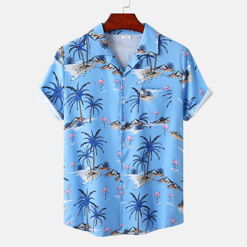 Men's Tropical Island Button-Up Shirt – Coconut Palm Print Casual Summer Vacation Top