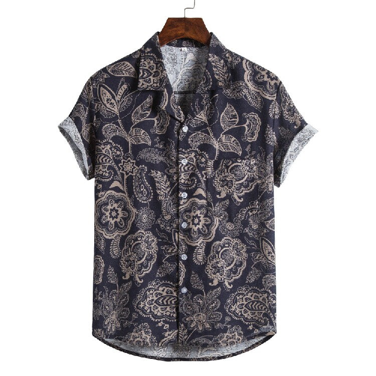 Men's Vintage Botanical Hawaiian Shirt – Casual Short Sleeve Button-Up Summer Beach Shirt