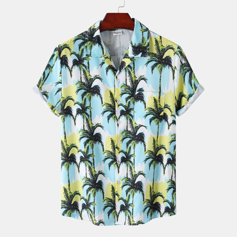 Men's Tropical Island Button-Up Shirt – Coconut Palm Print Casual Summer Vacation Top