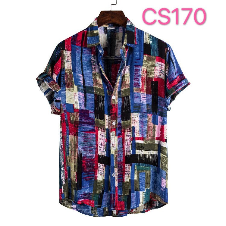 Men's Geometric Print Hawaiian Shirt – Vintage Boho Short Sleeve Summer Button-Up Collection
