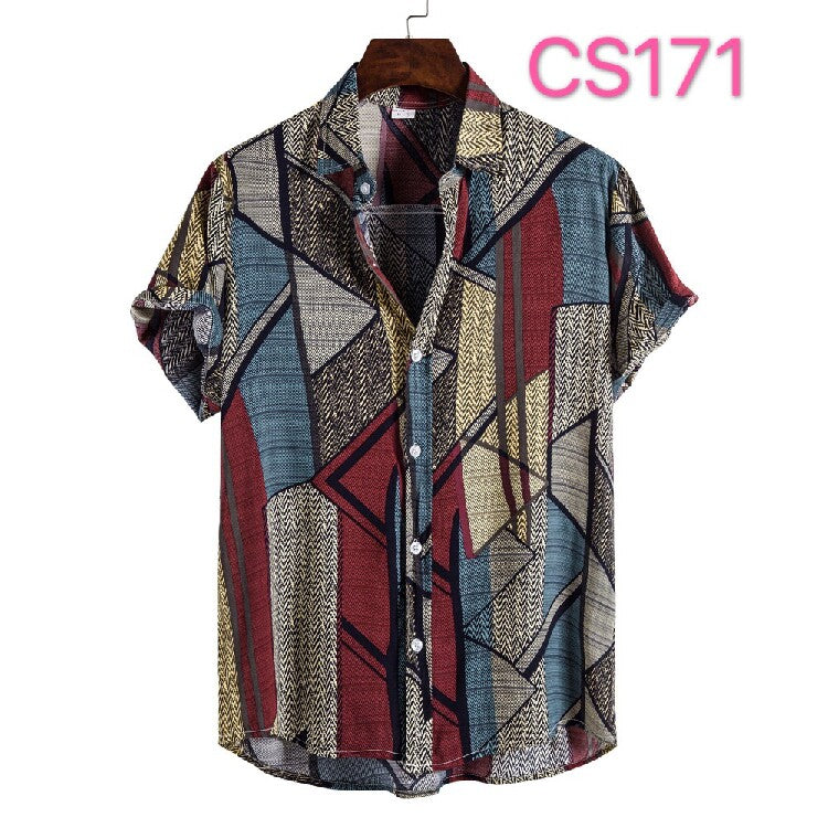 Men's Geometric Print Hawaiian Shirt – Vintage Boho Short Sleeve Summer Button-Up Collection