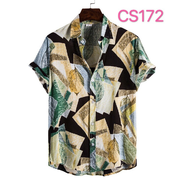 Men's Vintage Geometric Patchwork Hawaiian Shirt – Casual Button-Up Summer Beach Camp Shirt