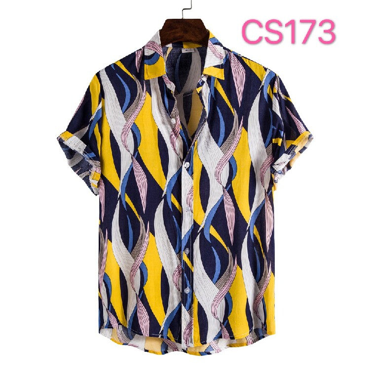 Men's Vintage Geometric Patchwork Hawaiian Shirt – Casual Button-Up Summer Beach Camp Shirt