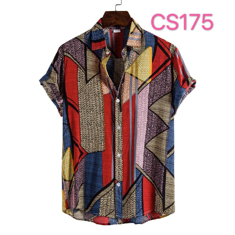 Men's Vintage Geometric Patchwork Hawaiian Shirt – Casual Button-Up Summer Beach Camp Shirt
