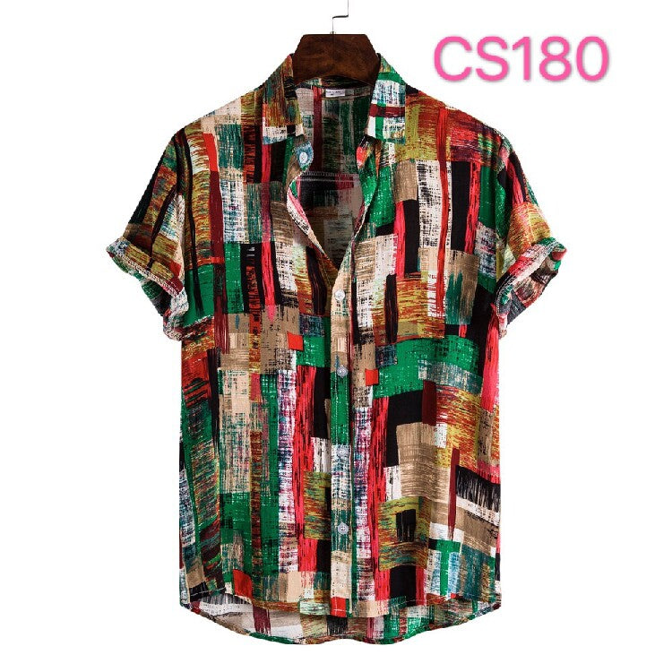 Men's Vintage Striped Patchwork Hawaiian Shirt – Casual Button-Up Summer Beach Shirt