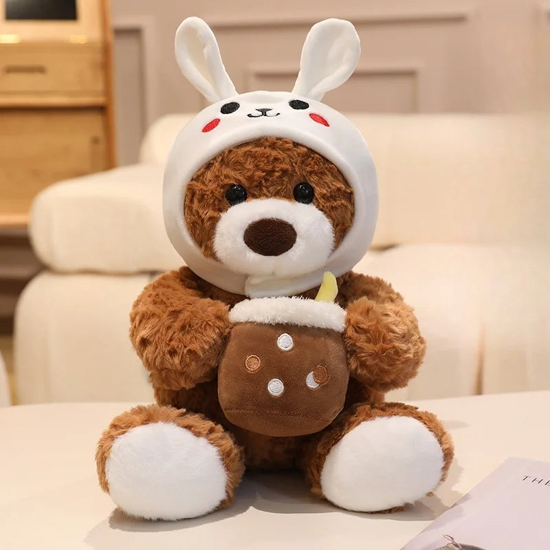 Cute Teddy Bear With Milk Bubble Tea And Animal(Shark/Rabbit/Dinosuar) Hat Dress Up Plush Toys 22/32