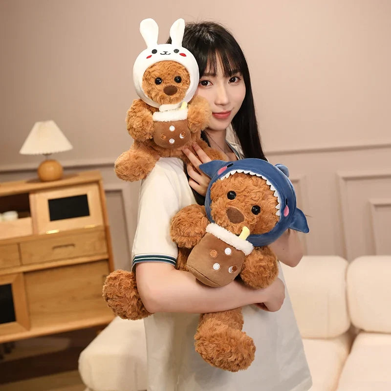 Cute Teddy Bear With Milk Bubble Tea And Animal(Shark/Rabbit/Dinosuar) Hat Dress Up Plush Toys 22/32