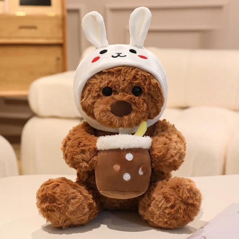 Cute Teddy Bear With Milk Bubble Tea And Animal(Shark/Rabbit/Dinosuar) Hat Dress Up Plush Toys 22/32