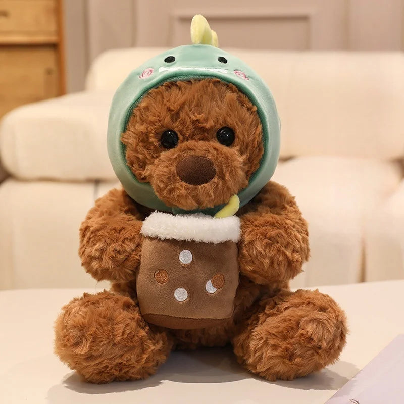 Cute Teddy Bear With Milk Bubble Tea And Animal(Shark/Rabbit/Dinosuar) Hat Dress Up Plush Toys 22/32
