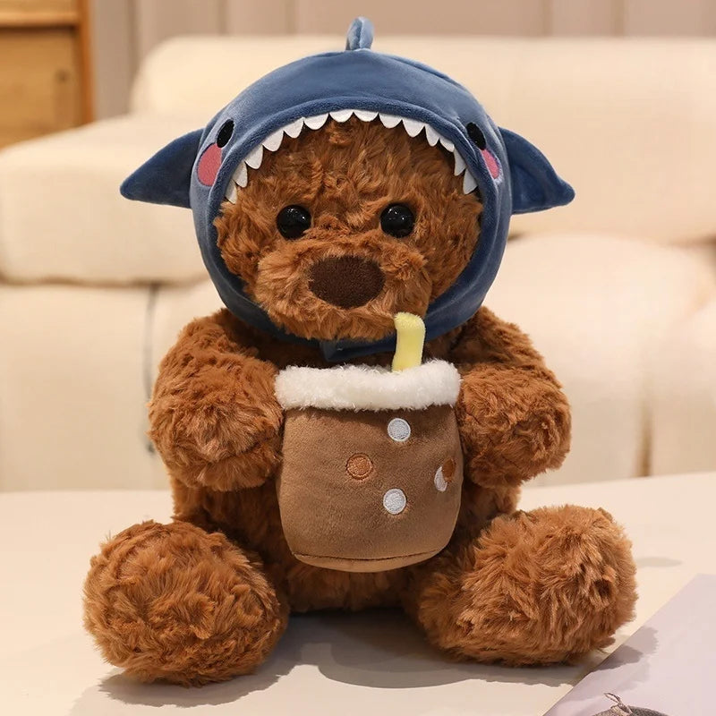 Cute Teddy Bear With Milk Bubble Tea And Animal(Shark/Rabbit/Dinosuar) Hat Dress Up Plush Toys 22/32