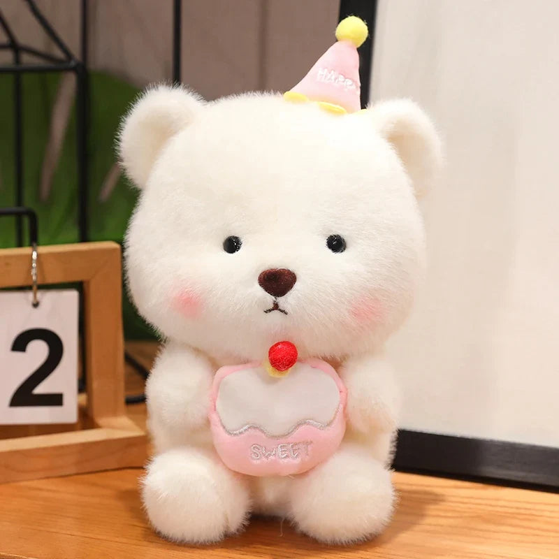 Cute White Bear/Capybara With Happy Birthday Hat And Cake Plush Toys 22cm - 4 Styles