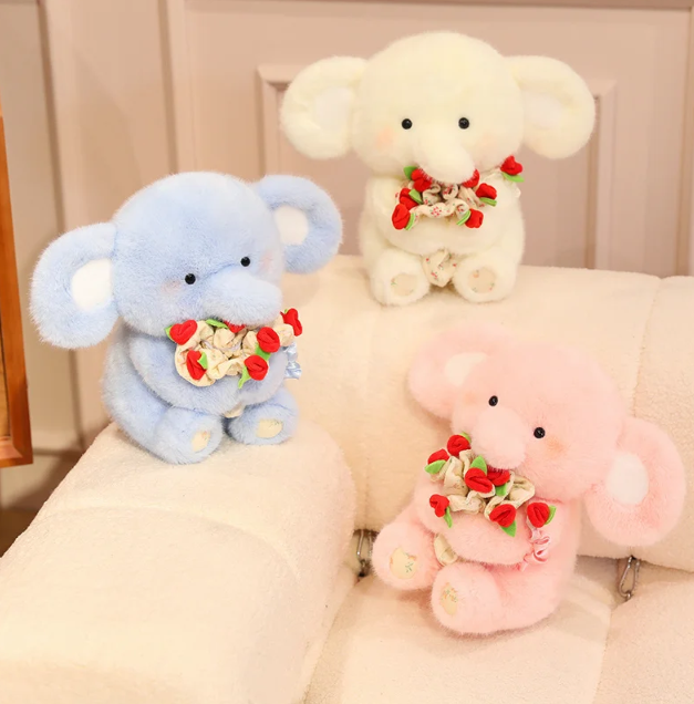 Cute Elephant With Rose Bouquet Plush Toys 30cm - White/Blue/Pink