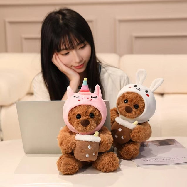Cute Teddy Bear With Milk Bubble Tea And Animal(Shark/Rabbit/Dinosuar) Hat Dress Up Plush Toys 22/32