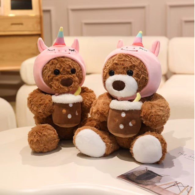 Cute Teddy Bear With Milk Bubble Tea And Animal(Shark/Rabbit/Dinosuar) Hat Dress Up Plush Toys 22/32