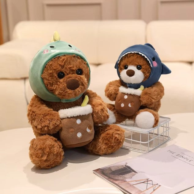 Cute Teddy Bear With Milk Bubble Tea And Animal(Shark/Rabbit/Dinosuar) Hat Dress Up Plush Toys 22/32