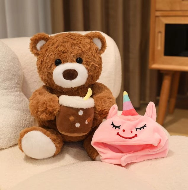Cute Teddy Bear With Milk Bubble Tea And Animal(Shark/Rabbit/Dinosuar) Hat Dress Up Plush Toys 22/32