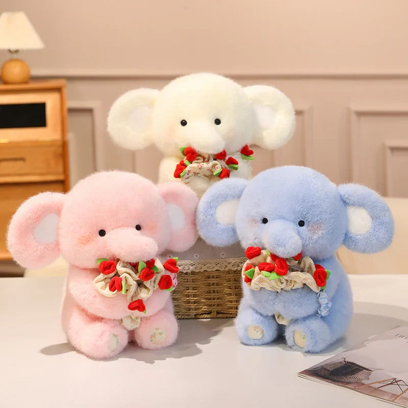 Cute Elephant With Rose Bouquet Plush Toys 30cm - White/Blue/Pink