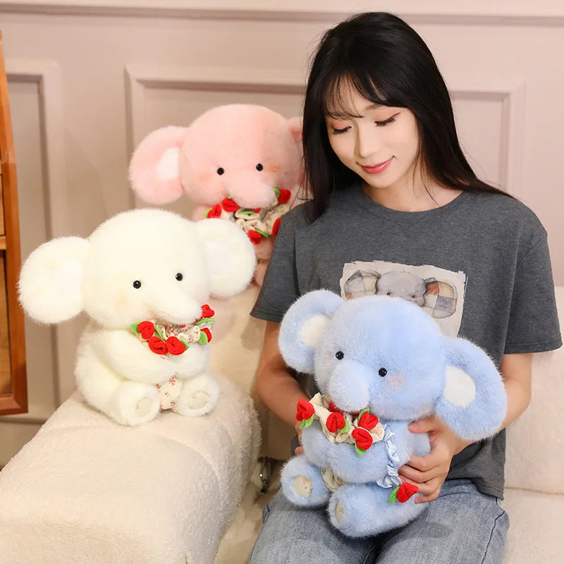 Cute Elephant With Rose Bouquet Plush Toys 30cm - White/Blue/Pink