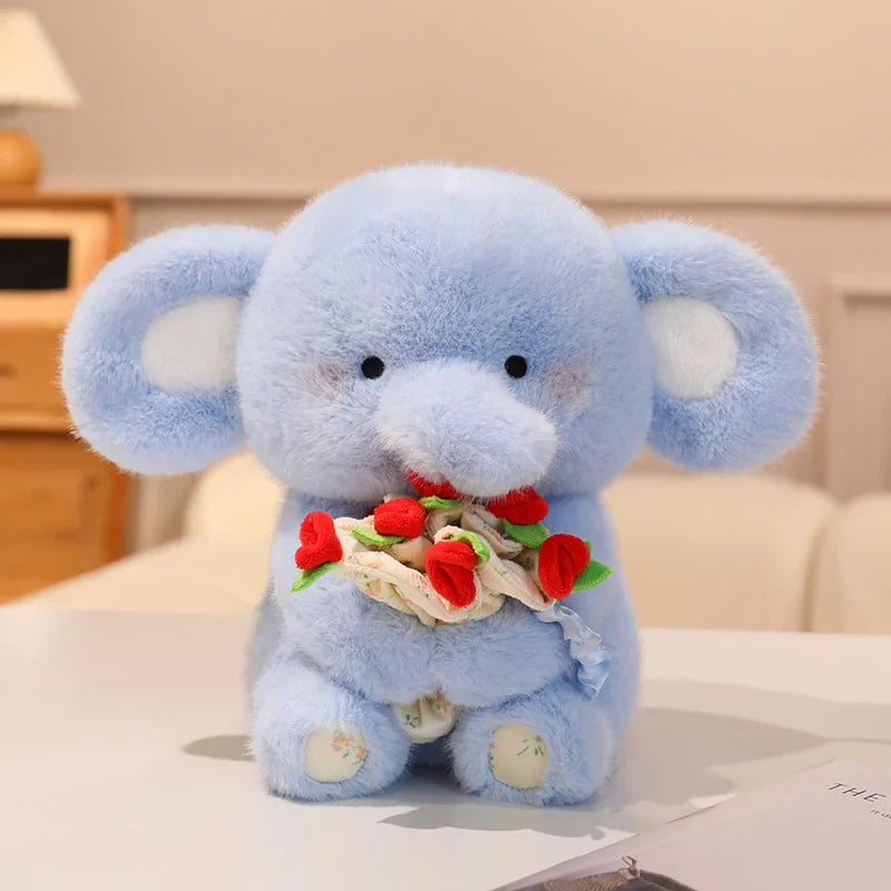 Cute Elephant With Rose Bouquet Plush Toys 30cm - White/Blue/Pink