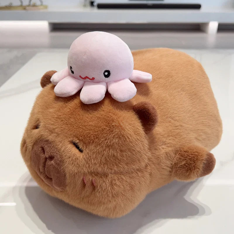Cute Lying Capybara with Octopus/Wale/Duck on Head Plush Toys 32/42cm