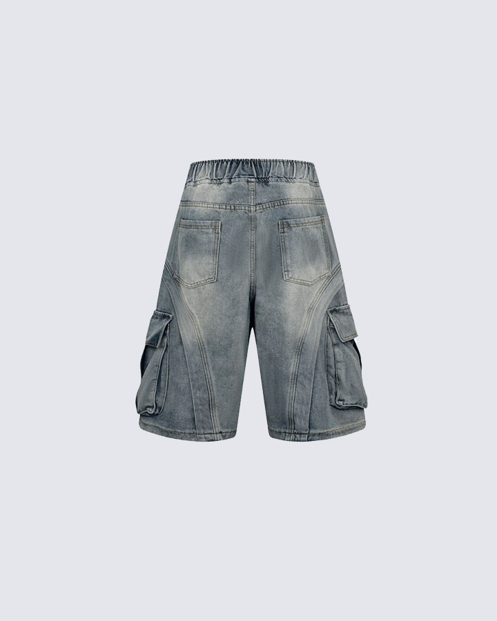 3D Stitch Washed Denim Cargo Shorts