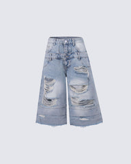 New Double Waist Distressed Denim Pants
