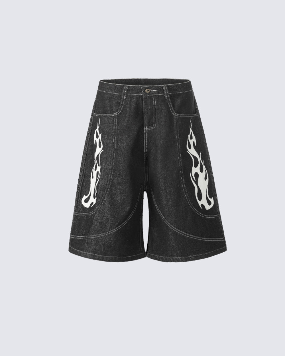 Flame Panel Seven-Length Denim Shorts