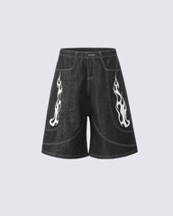 Flame Panel Seven-Length Denim Shorts