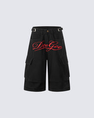 Script Embroidered Utility Cargo Bermuda Shorts