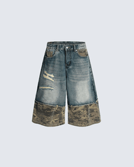 Patchwork Ripped Denim Shorts with Camo Hem