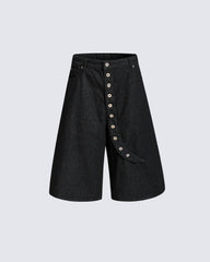 Button Detail Denim Wide  Loose Shorts