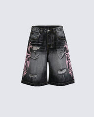 Distressed New Tribal Print Denim Shorts