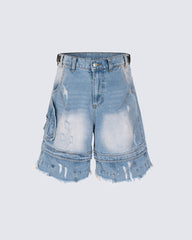 Vintage Washed Cargo Five-Length Denim Shorts