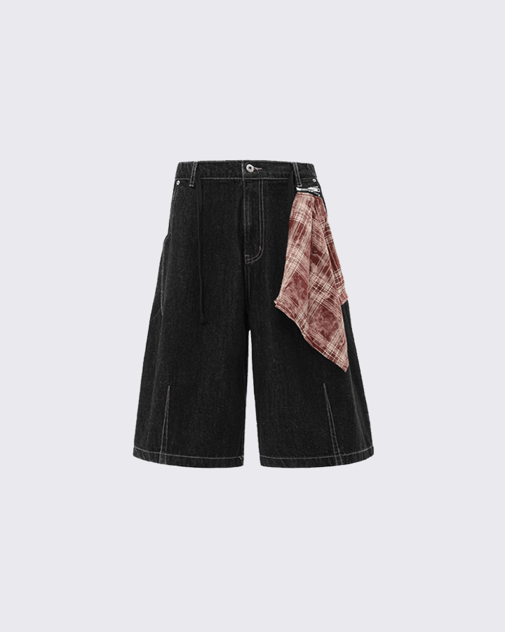 Denim Drawstring Shorts with Plaid Detail - Casual Streetwear
