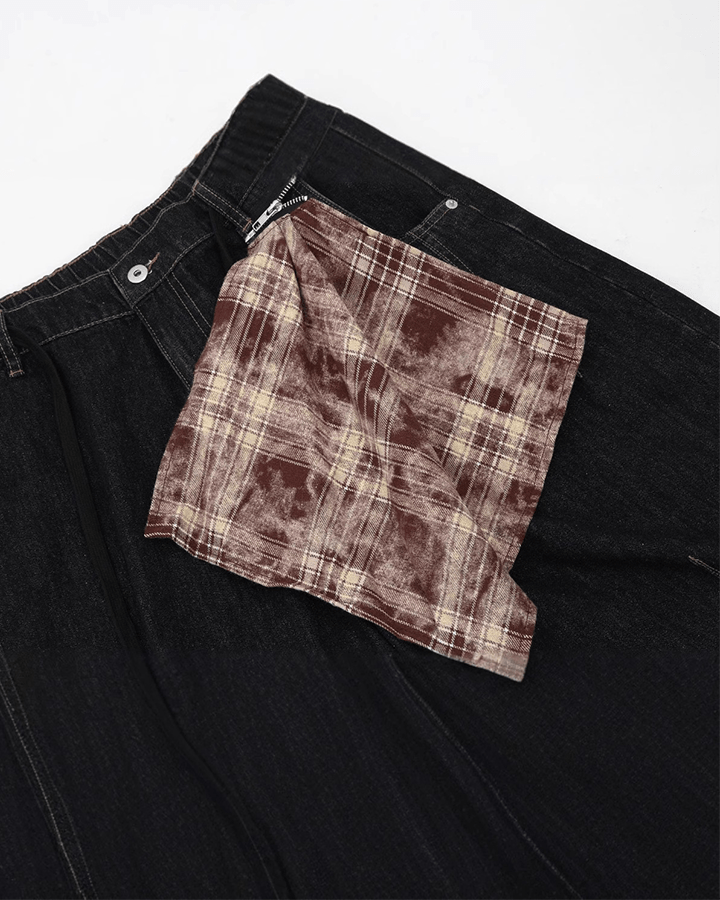 Denim Drawstring Shorts with Plaid Detail - Casual Streetwear