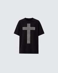 Vintage Cross Rhinestone Black Short Sleeve T-Shirt