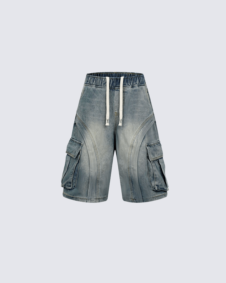 3D Stitch Washed Denim Cargo Shorts