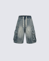 3D Stitch Washed Denim Cargo Shorts